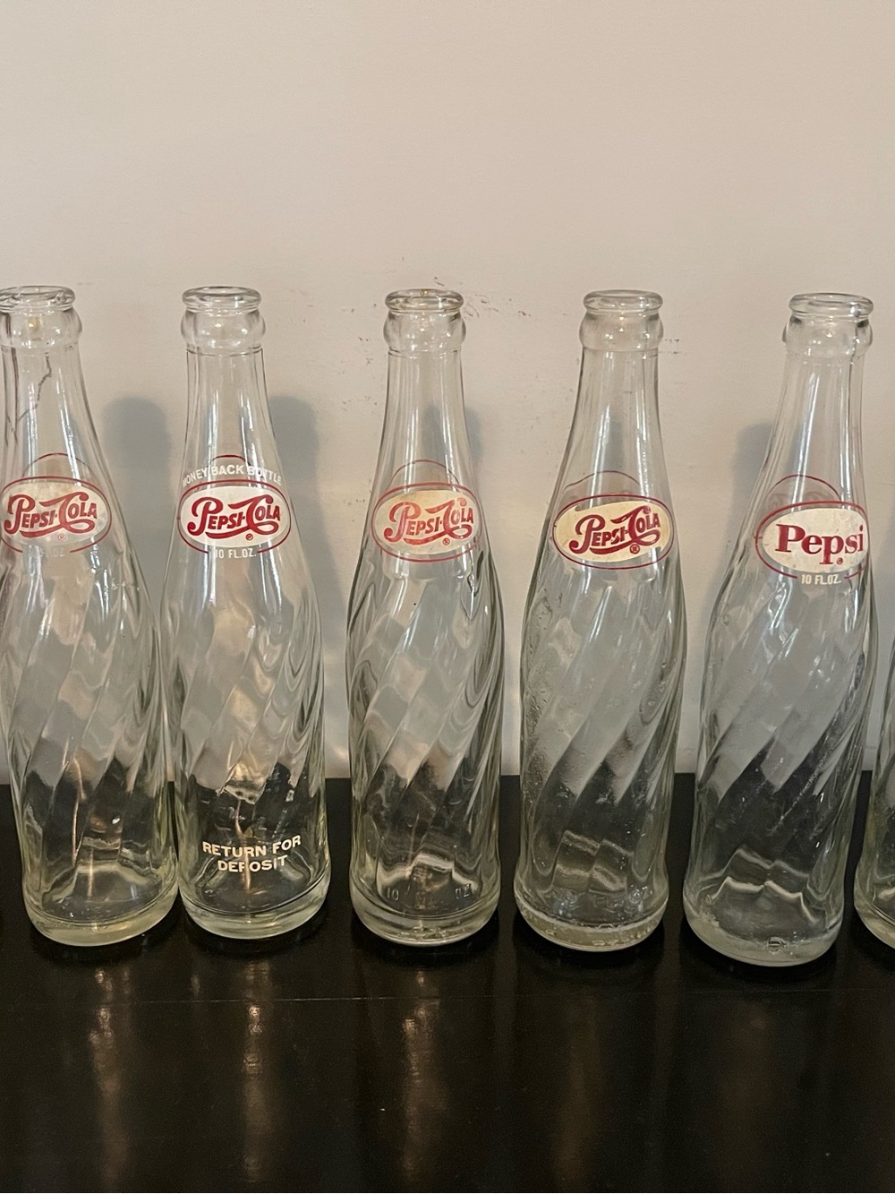 Vintage 1970s Pepsi Glass Bottle with Red Logo -Twisted Swirl Design (Set of 7)